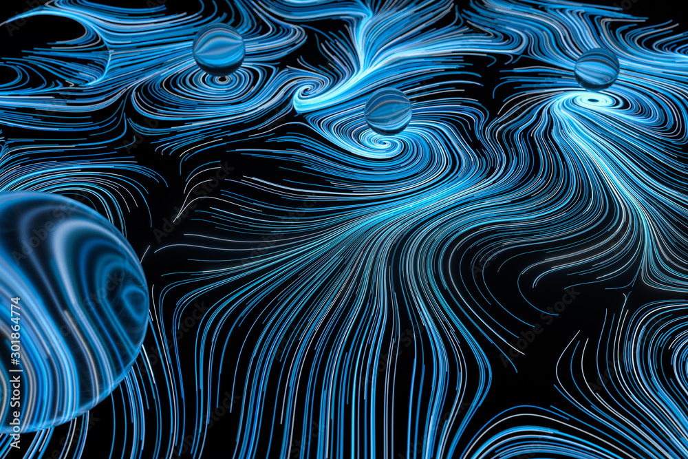 Vortical line pattern, glowing particles trails, 3d rendering.