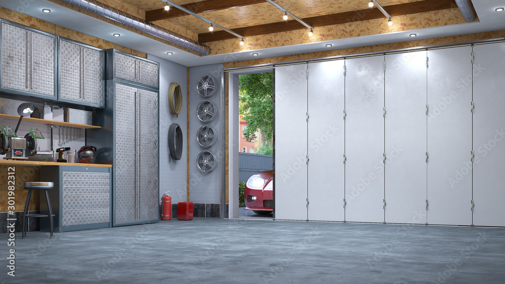 Modern garage interior with sectional gate. 3d illustration