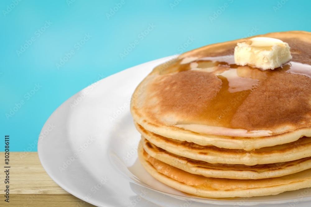 Stack of delicious pancakes, homemade breakfast