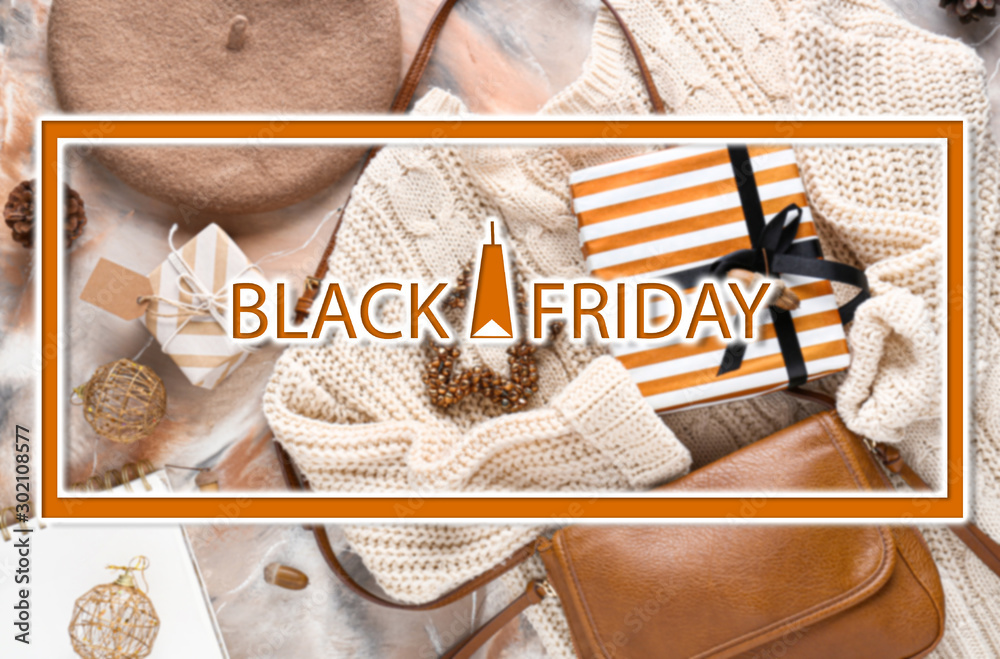 Clothes with accessories and gift boxes on color background. Big Friday sale