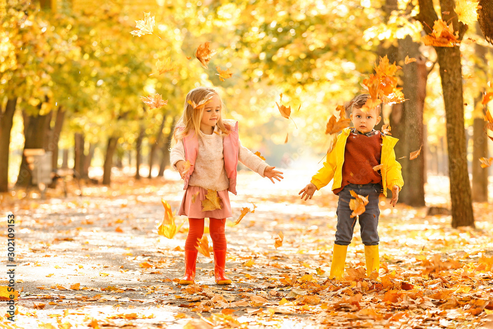 Cute little children having fun in autumn park