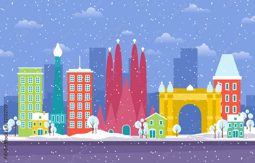 Winter Snow in Barcelona City Cityscape Skyline Landmark Building Illustration