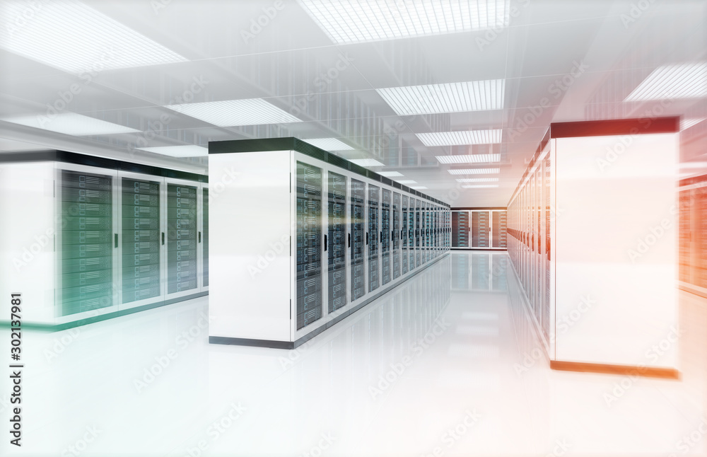 Servers data center room with bright speed light through the corridor 3D rendering