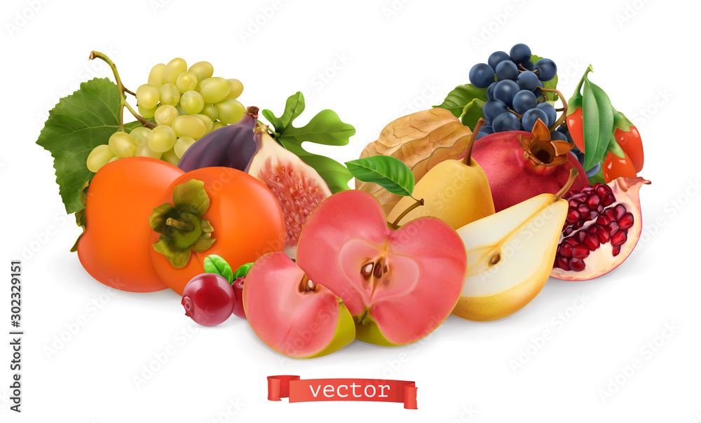 Autumn fruits and berries. Pear, pink apple, white sweet grape and wine grape, fig, goji berry, pers