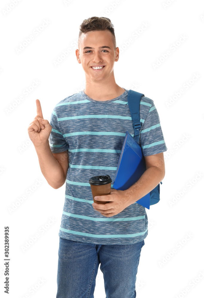 Portrait of male student showing something on white background