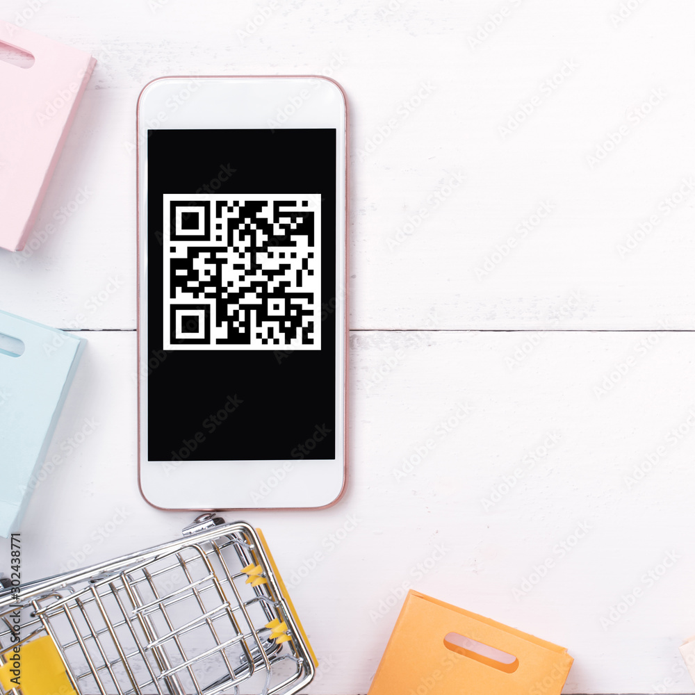 Abstract online shopping,mobile payment with QR code design concept element,colorful cart,paper bag 