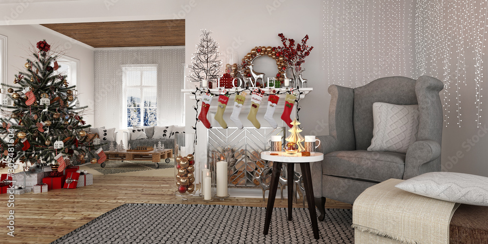 New year tree in scandinavian style interior with christmas decoration	