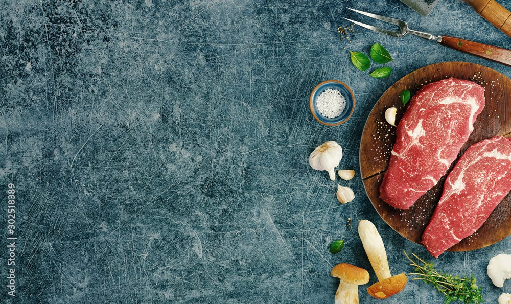 Top view of beef steaks with seasonings, 3d rendering