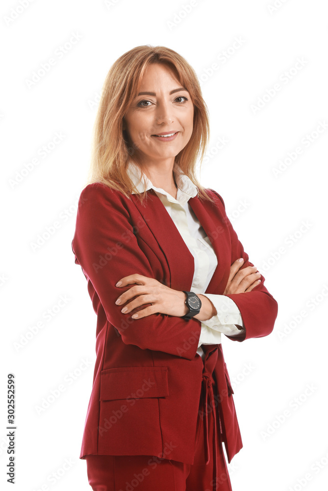 Stylish mature businesswoman on white background