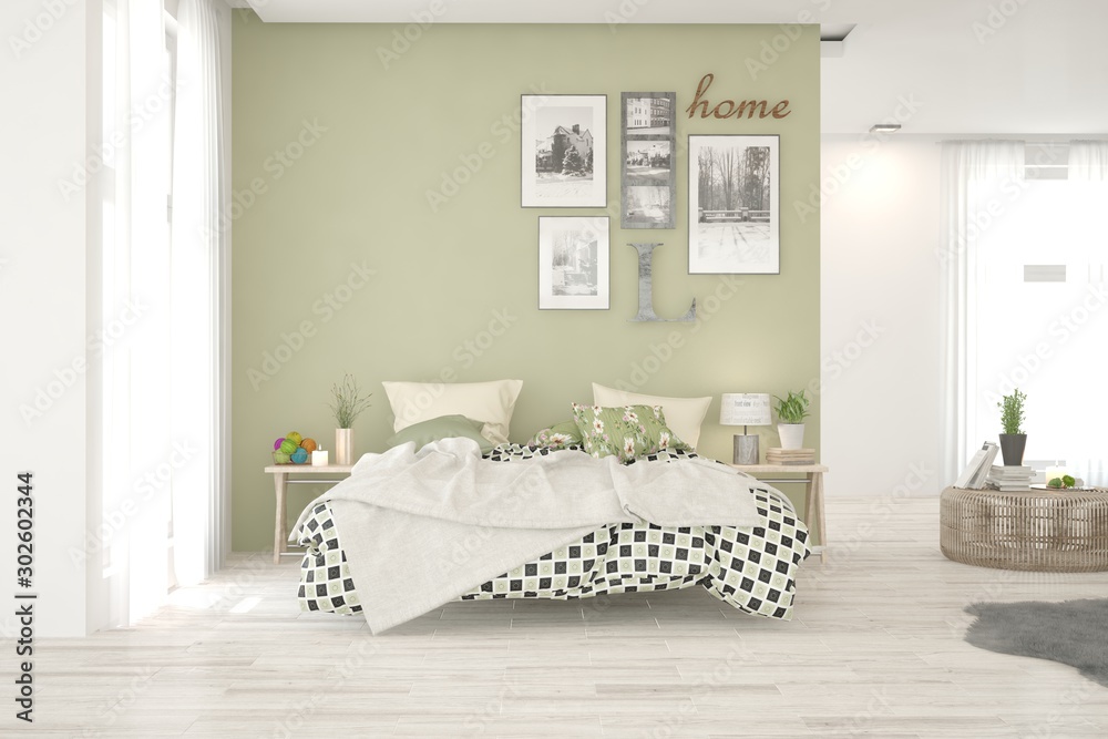 Stylish bedroom in green color. Scandinavian interior design. 3D illustration