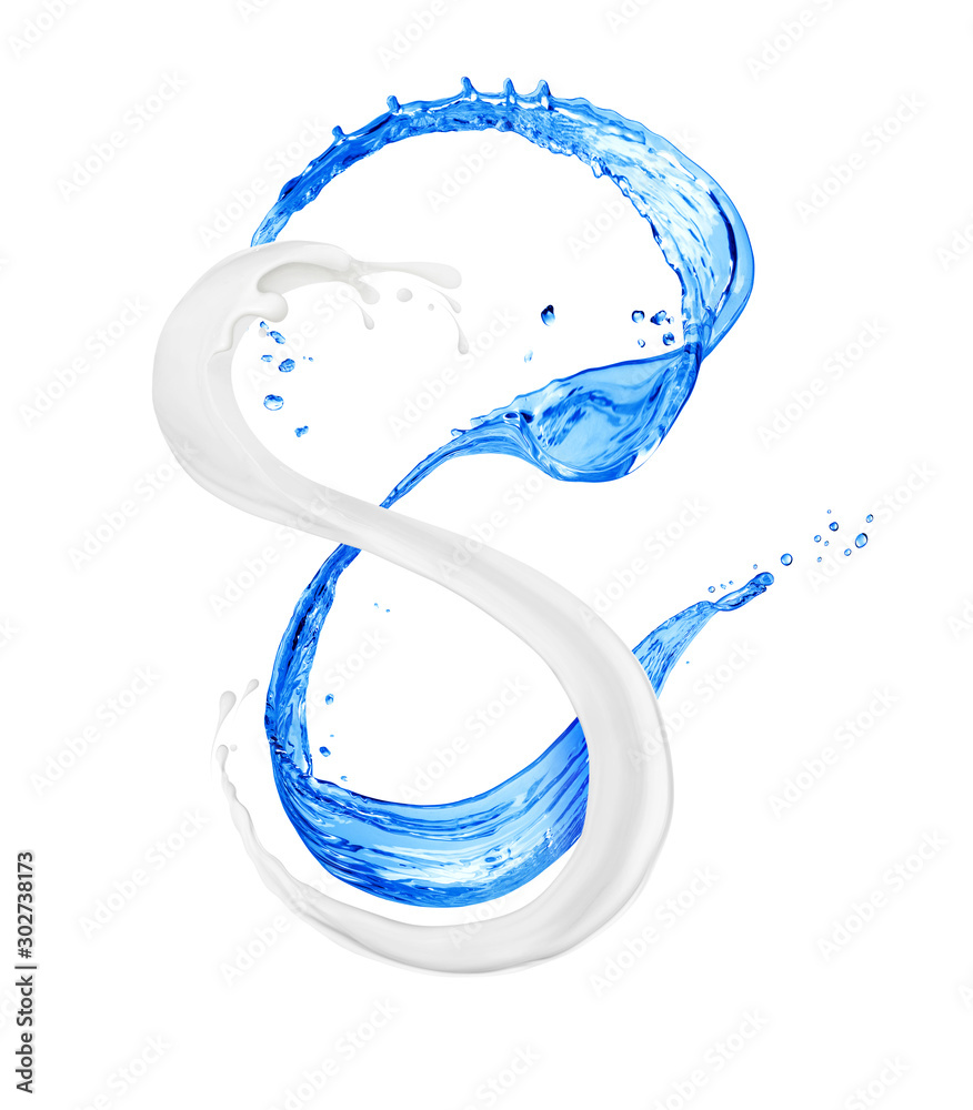 Splashes of milk and fresh water on white background