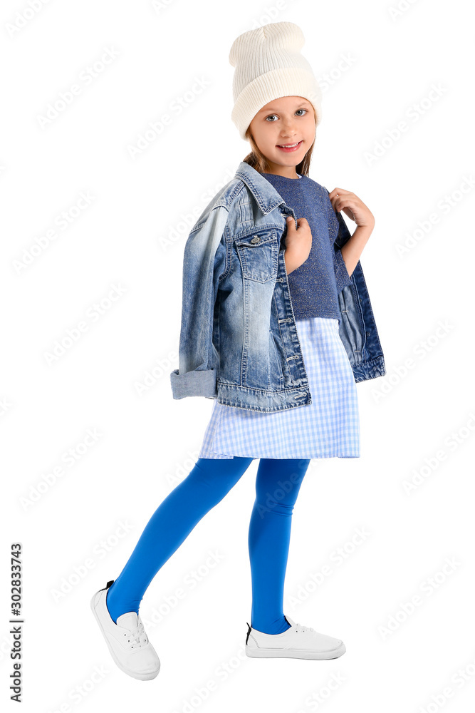 Fashionable little girl in autumn clothes on white background