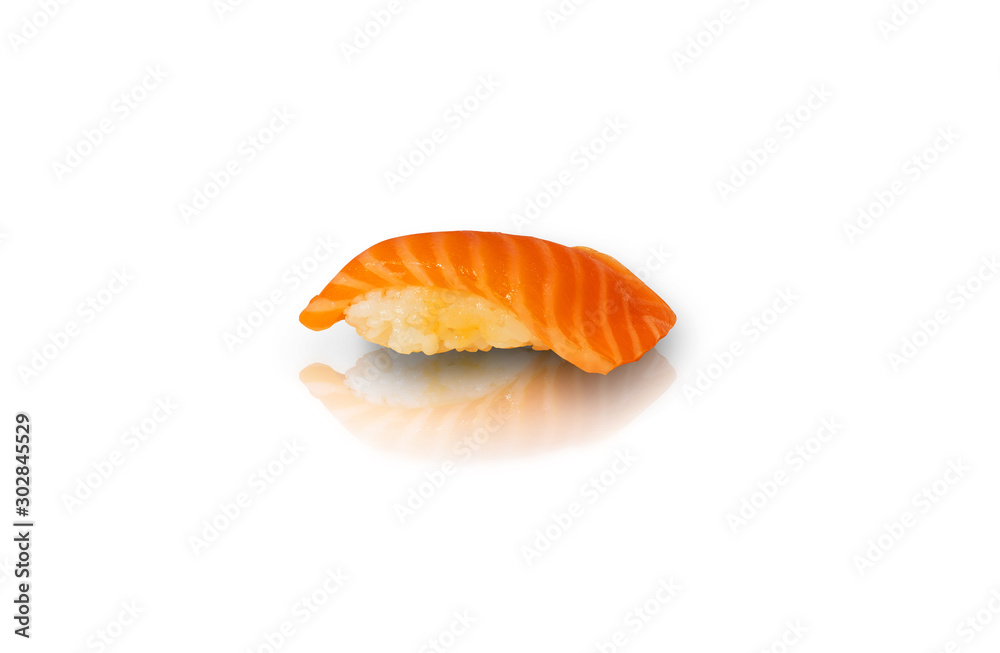 salmon sushi with reflection isolated on white