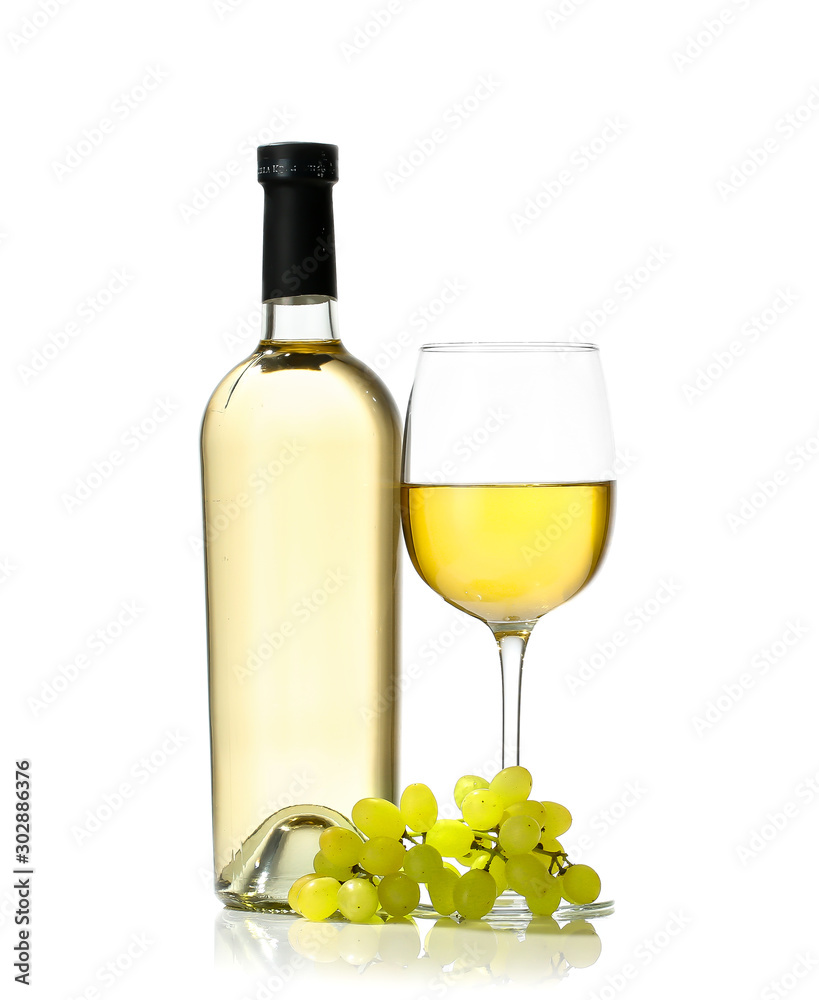 Bottle and glass of wine on white background