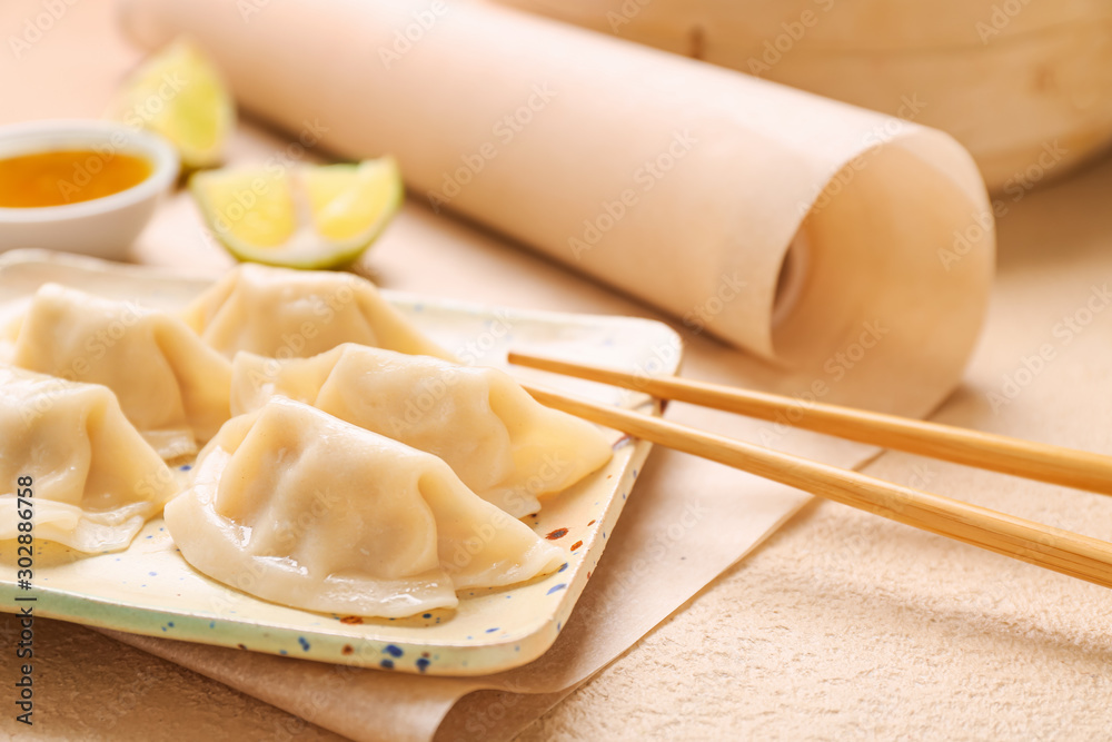 Plate with tasty Japanese gyoza on light background