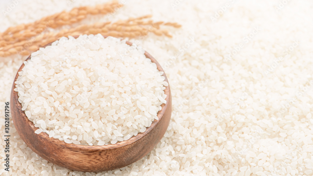 Raw white polished milled edible rice crop on white background in brown bowl, organic agriculture de