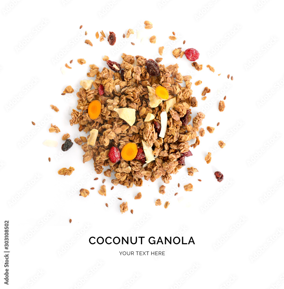 Creative layout made of granola with dry fruits and curcuma isolated on white background.Flat lay. F