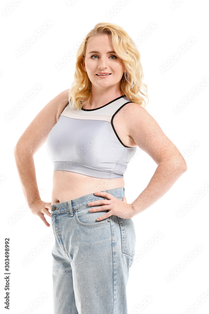 Mature body positive woman on white background