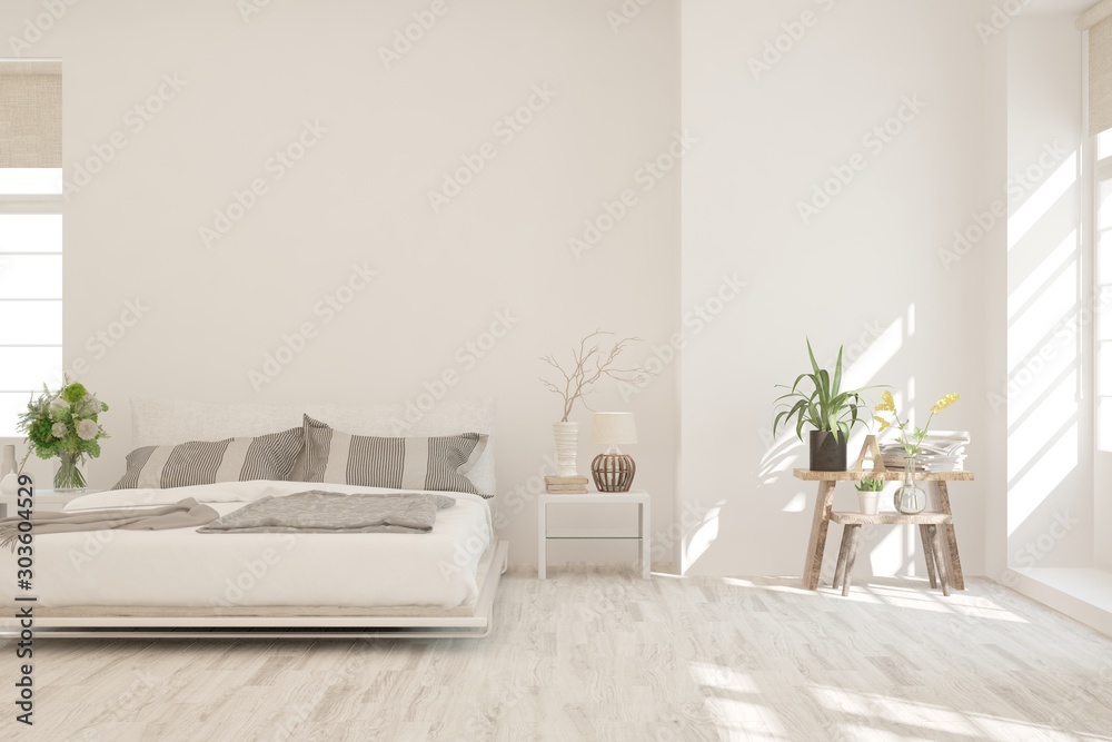 Stylish bedroom in white color. Scandinavian interior design. 3D illustration