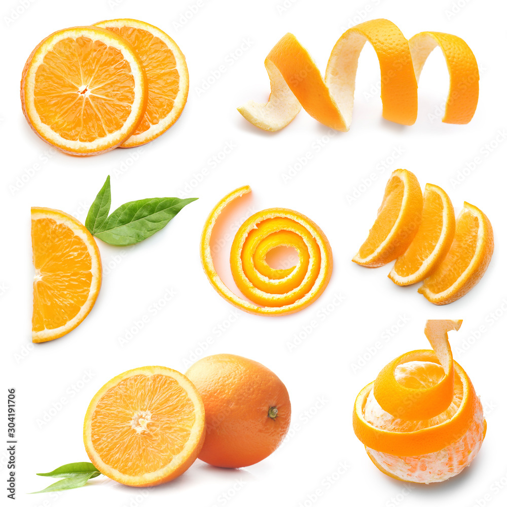 Set of ripe juicy oranges on white background