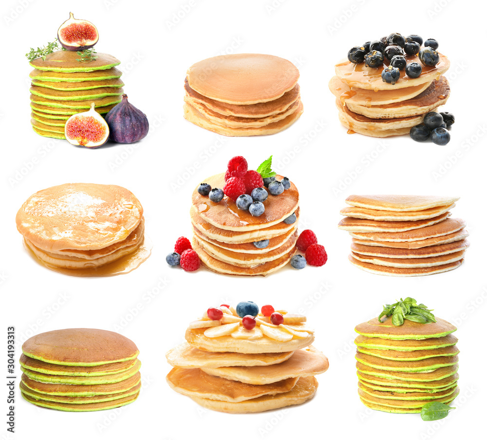 Set with tasty pancakes on white background