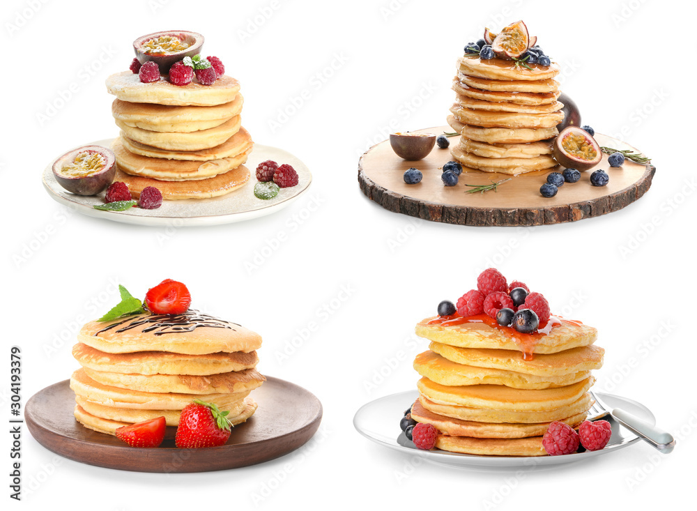 Set with tasty pancakes on white background