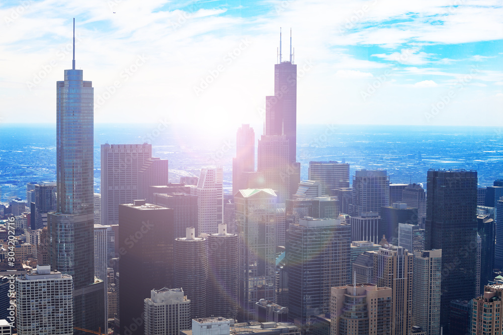 View of Chicago downtown and towers with flare