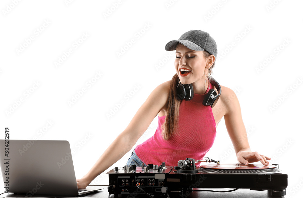 Female dj playing music on white background