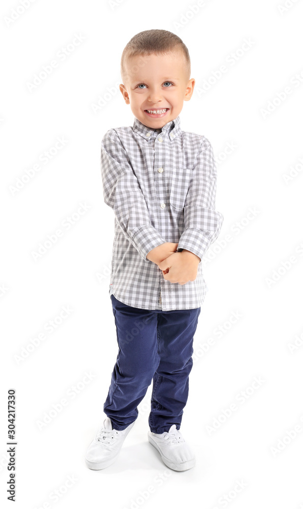 Portrait of cute little boy on white background