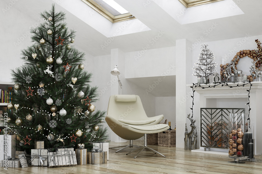 New year tree in scandinavian style interior with christmas decoration	