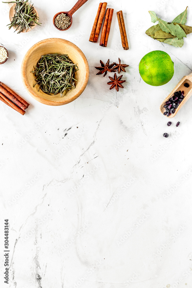 Cooking with spices, salt and pepper on kitchen table background top view mock-up