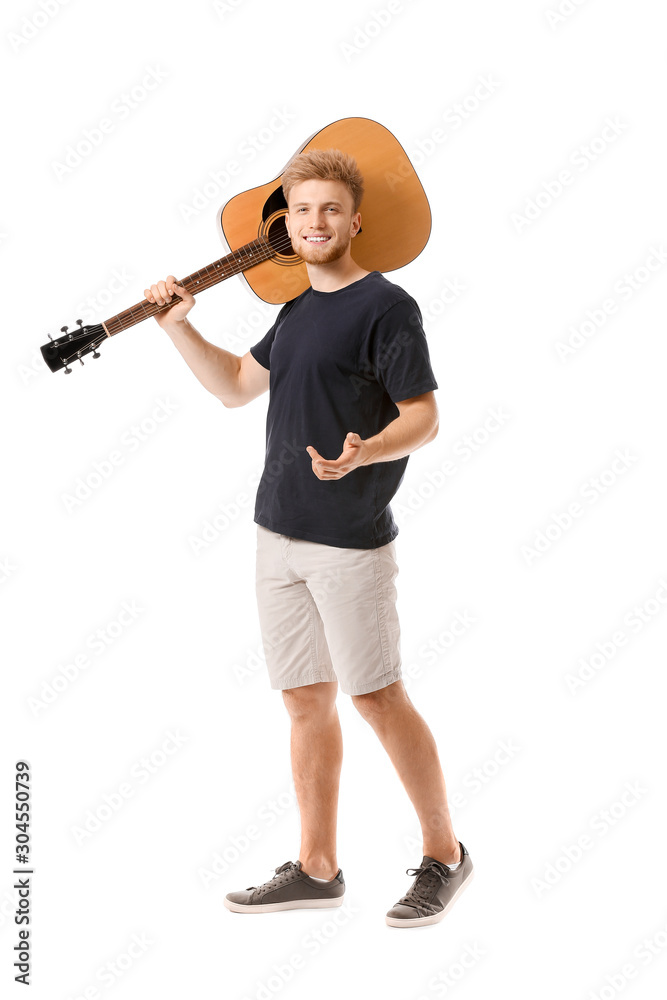 Handsome man with guitar on white background