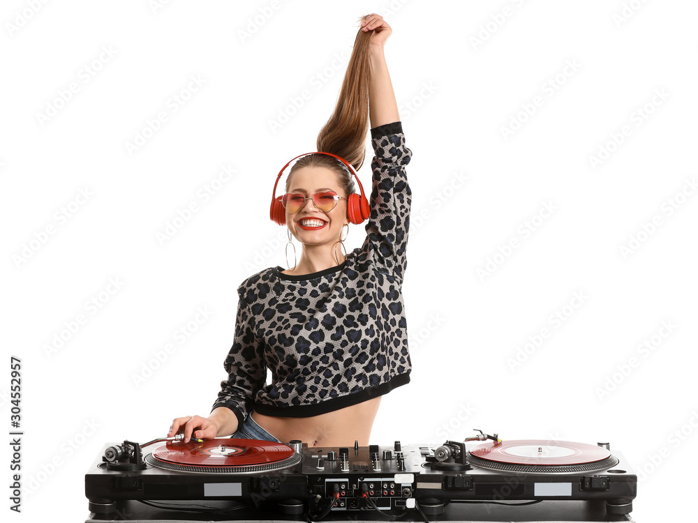 Female dj playing music on white background