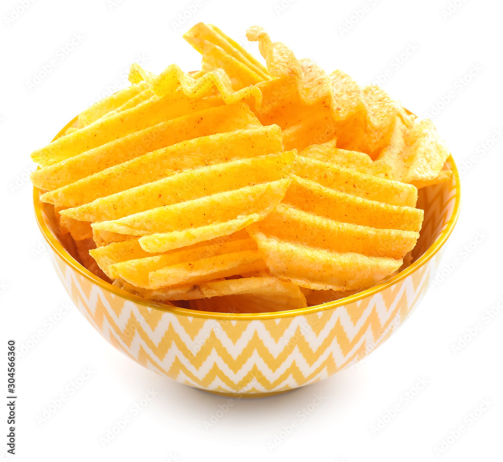 Bowl with tasty potato chips isolated on white