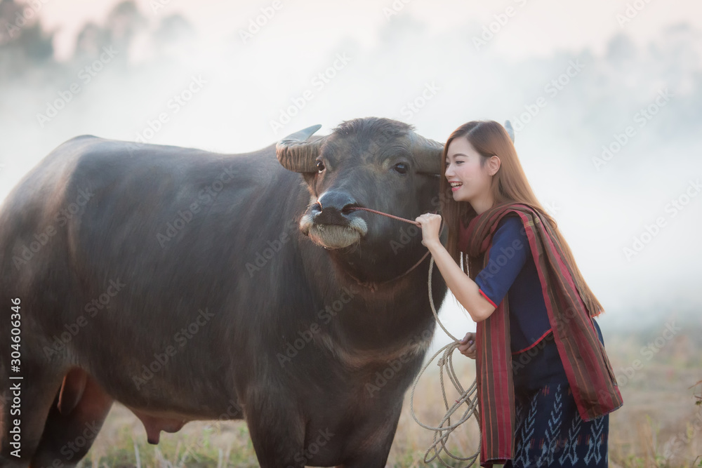 Beautiful Asian women dressed in Traditional costume with buffalo at countryside.