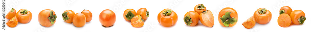 Set of ripe persimmons on white background