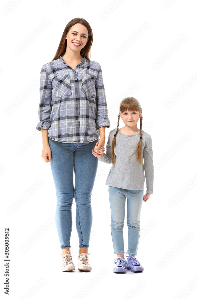 Portrait of happy mother and daughter on white background