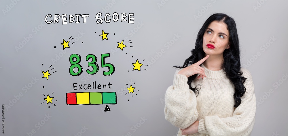 Excellent credit score theme with young woman in a thoughtful face