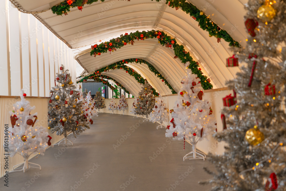 Christmas tree decoration along walkway in city center in Christmas festival of December 2019.