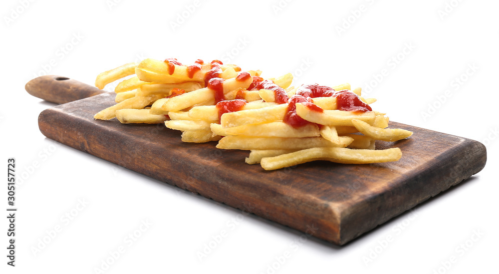 Tasty french fries with tomato sauce on white background