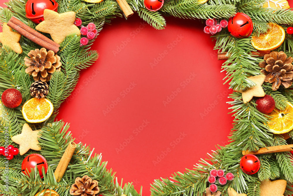 Beautiful Christmas wreath on color background