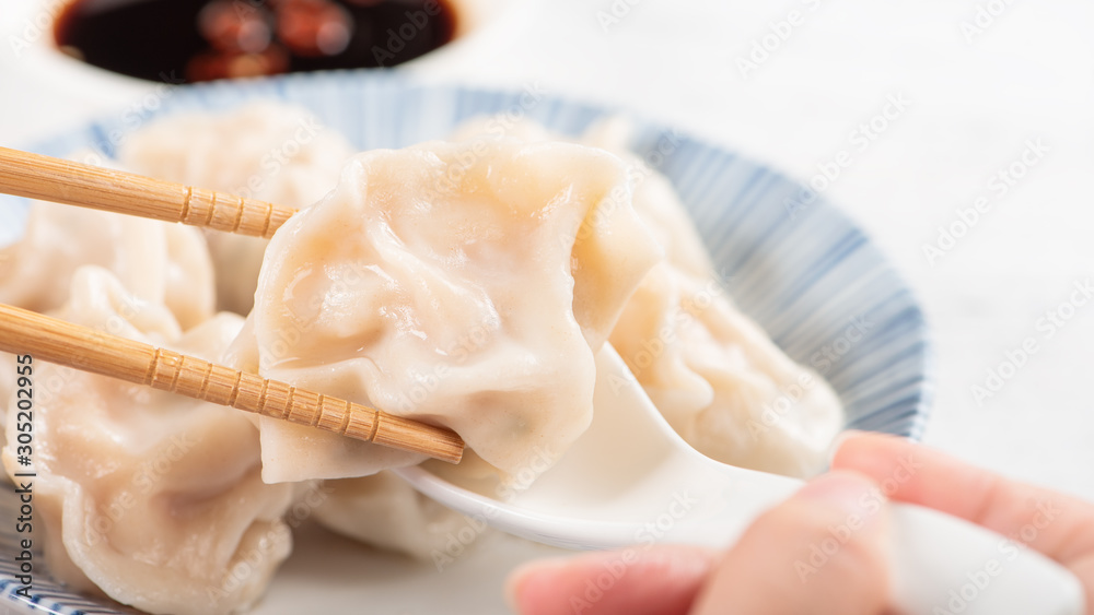 Fresh, delicious boiled pork, shrimp gyoza dumplings on white background with soy sauce and chopstic