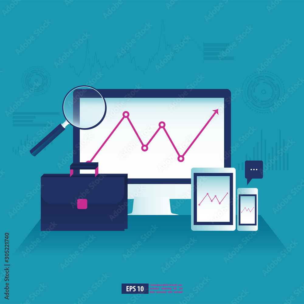 Business Suitcase, PC Monitor, Smartphone and Tablet elements. Analyze Business Concept Vector Illus