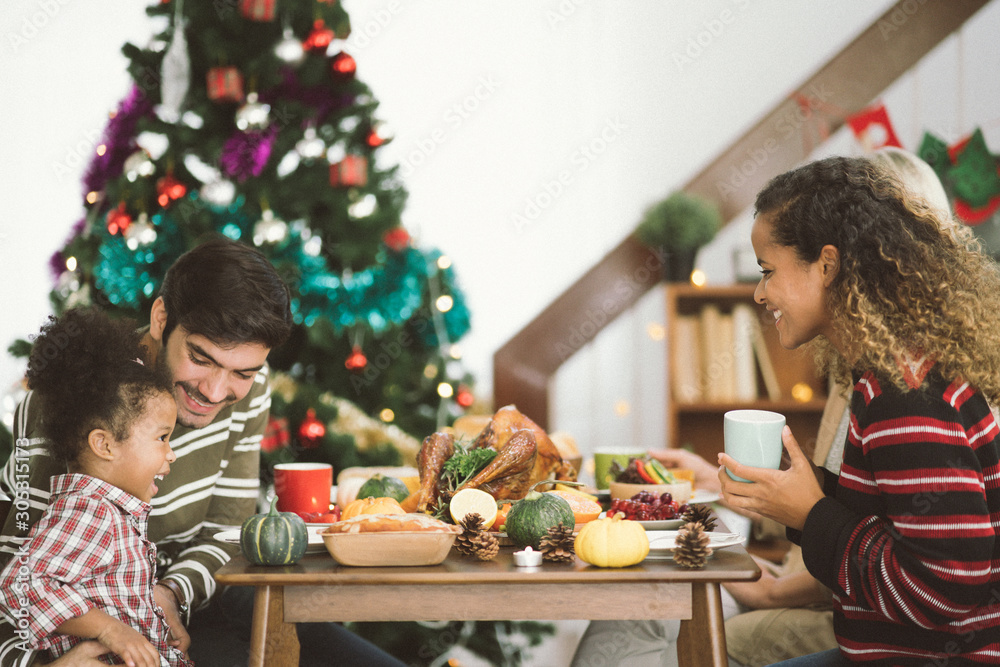 Happy Family Celebrating Christmas Dinner at home  .Thanksgiving Celebration tradition concept