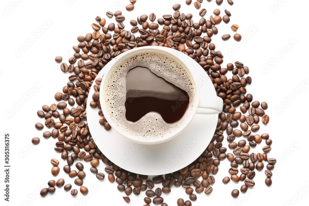 Cup of hot coffee on white background