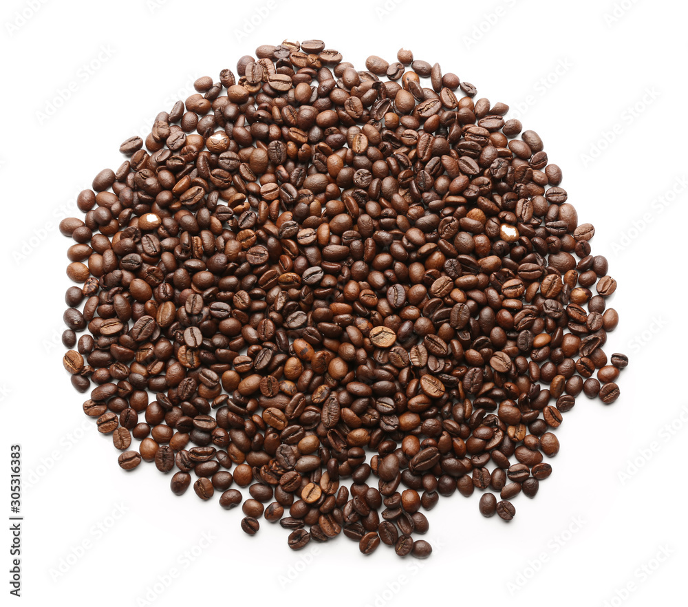 Roasted coffee beans on white background