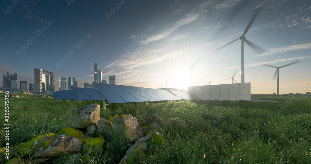 Future renewable energy solution for sustainable cities. Modern black frameless solar panels, batter