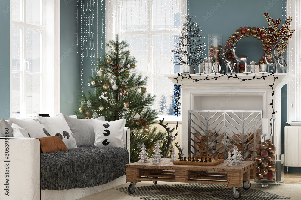 New year tree in scandinavian style interior with christmas decoration