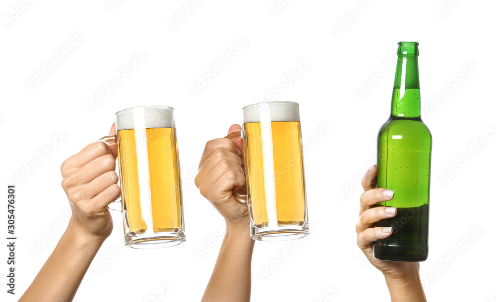 Hands with beer on white background