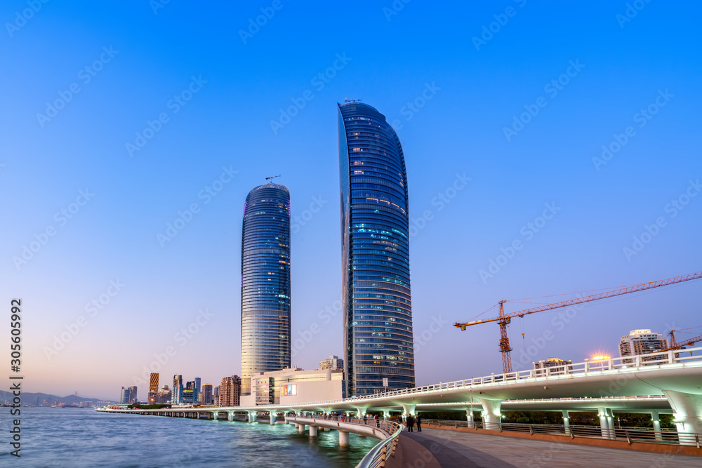 Xiamen coastline building landscape night view